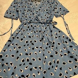 Blue Faux-Wrap Dress with Black & White Spots